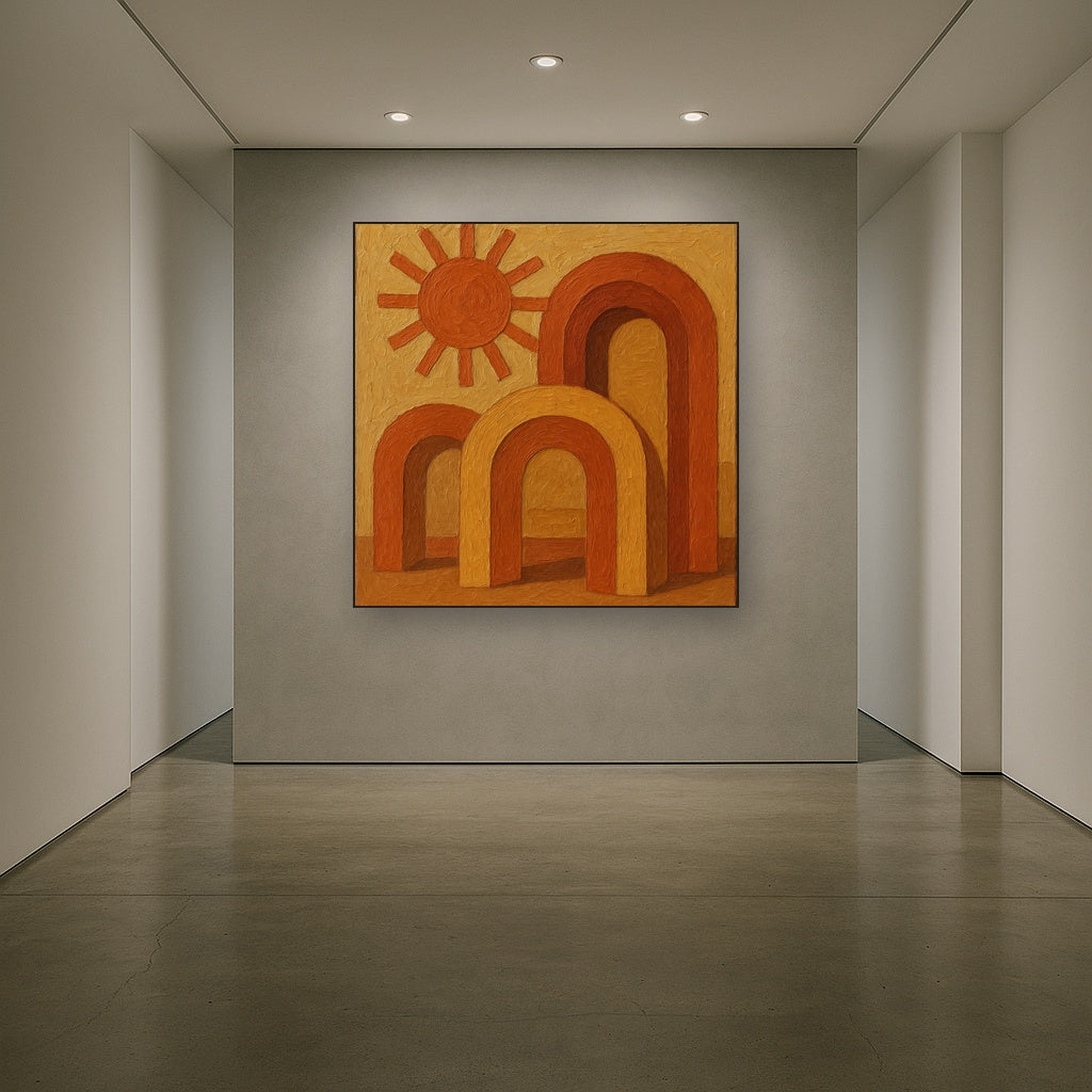 Mid-Century Terracotta Sun & Arches No. 2 Oil Painting - Styled in Entryway Hallway