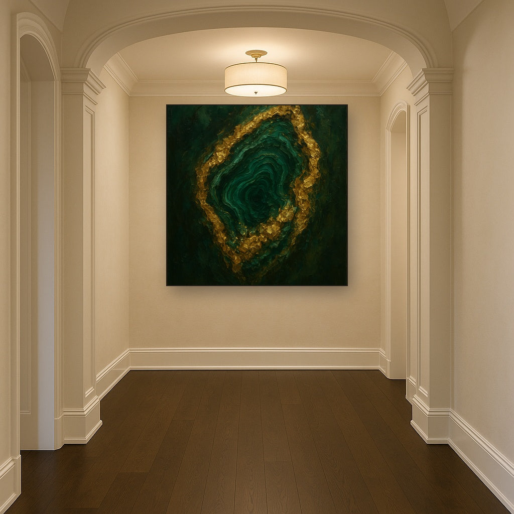 Forest Malachite & Gilded Geode No. 4 Oil Painting - Styled in Entryway Hallway