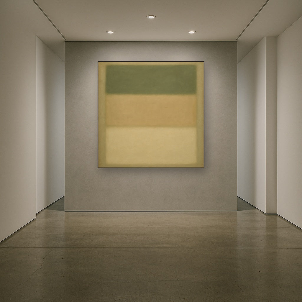 Sage Olive & Pale Sandstone Minimalist Harmony No. 24 Oil Painting Staged in Bright Entryway and Hallway Gallery Wall, Hand Painted Fine Art on Linen