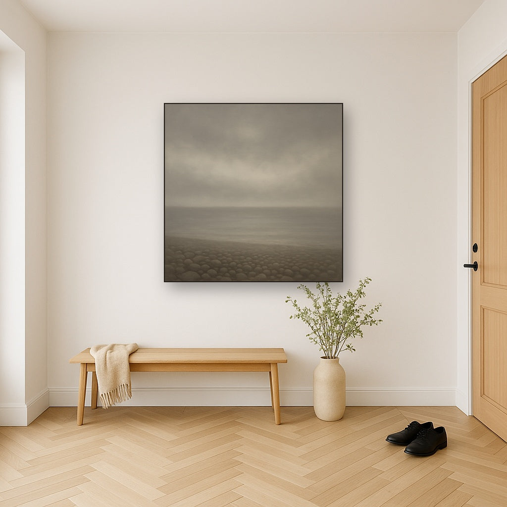 Overcast Coastal Fog & Wet Pebble Shingle No. 3 Oil Painting Staged in Bright Entryway and Hallway Gallery Wall, Hand Painted Fine Art on Linen