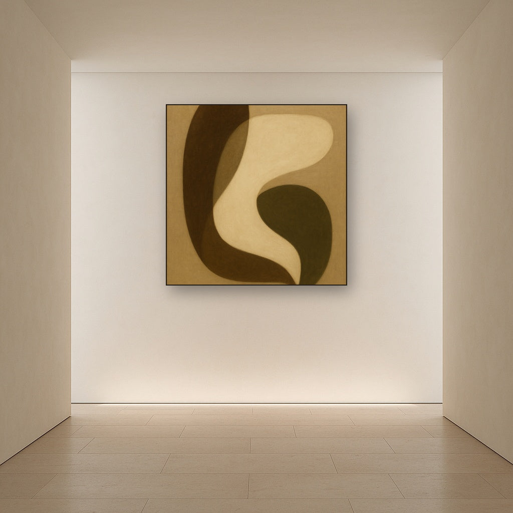 Minimalist Asymmetrical Balance in Raw Umber No. 21 Oil Painting Staged in Bright Entryway and Hallway Gallery Wall, Hand Painted Fine Art on Linen