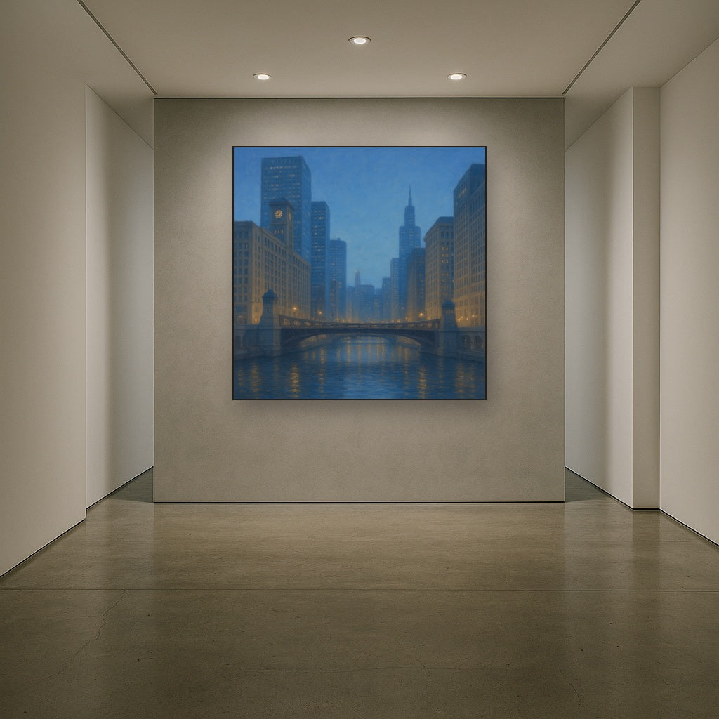 Chicago Riverfront Architecture at Blue Hour No. 10 Oil Painting - View 5