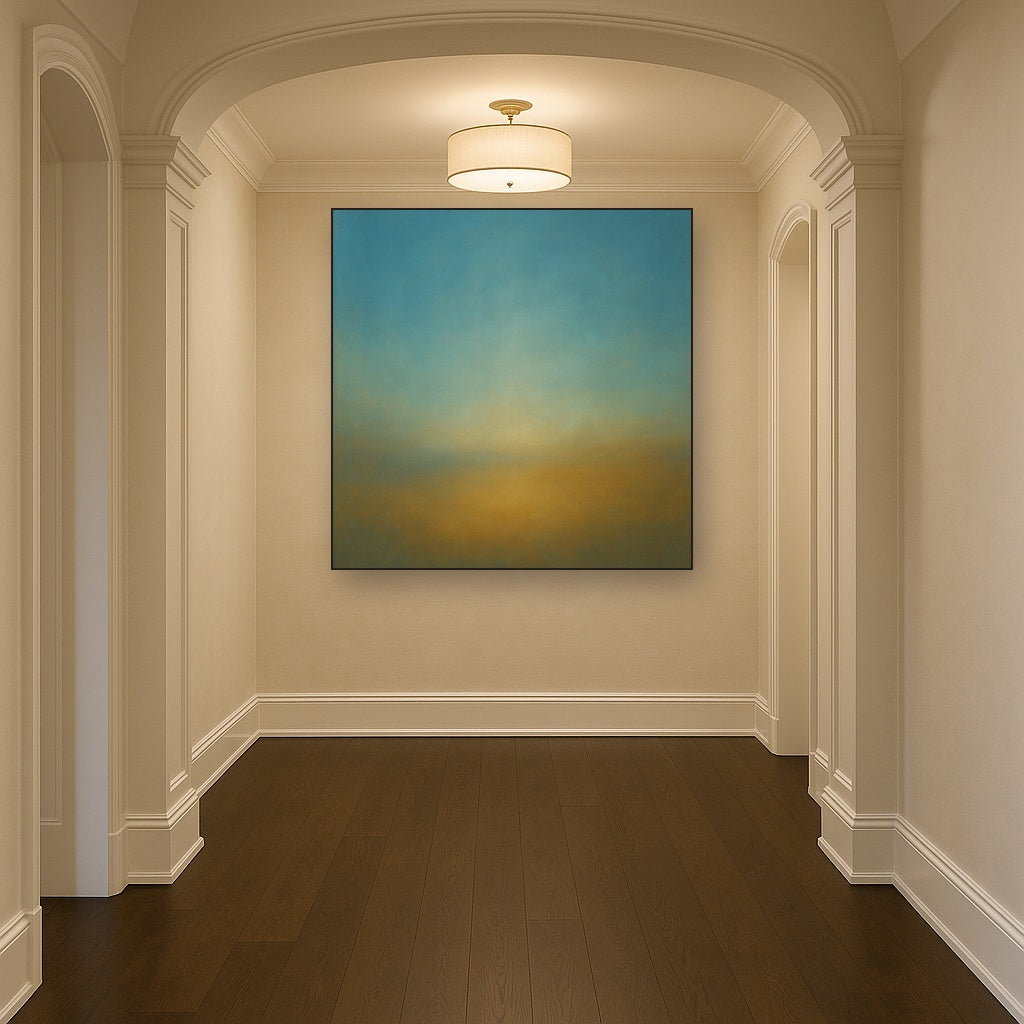 Celestial Azure & Warm Ochre Equilibrium No. 20 Oil Painting Staged in Bright Entryway and Hallway Gallery Wall, Hand Painted Fine Art on Linen