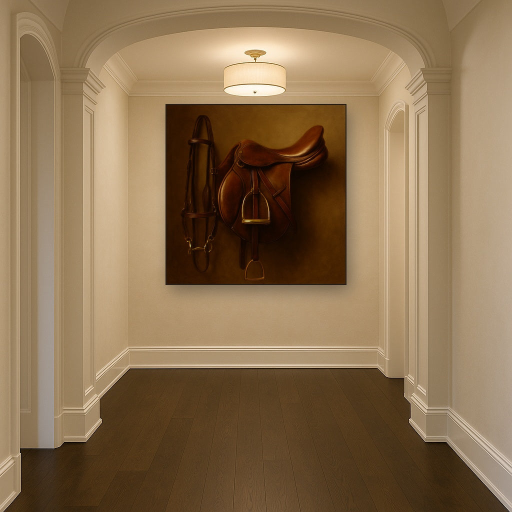 Vintage Bridle & Polished Leather Saddle No. 8 Oil Painting Staged in Bright Entryway and Hallway Gallery Wall, Hand Painted Fine Art on Linen