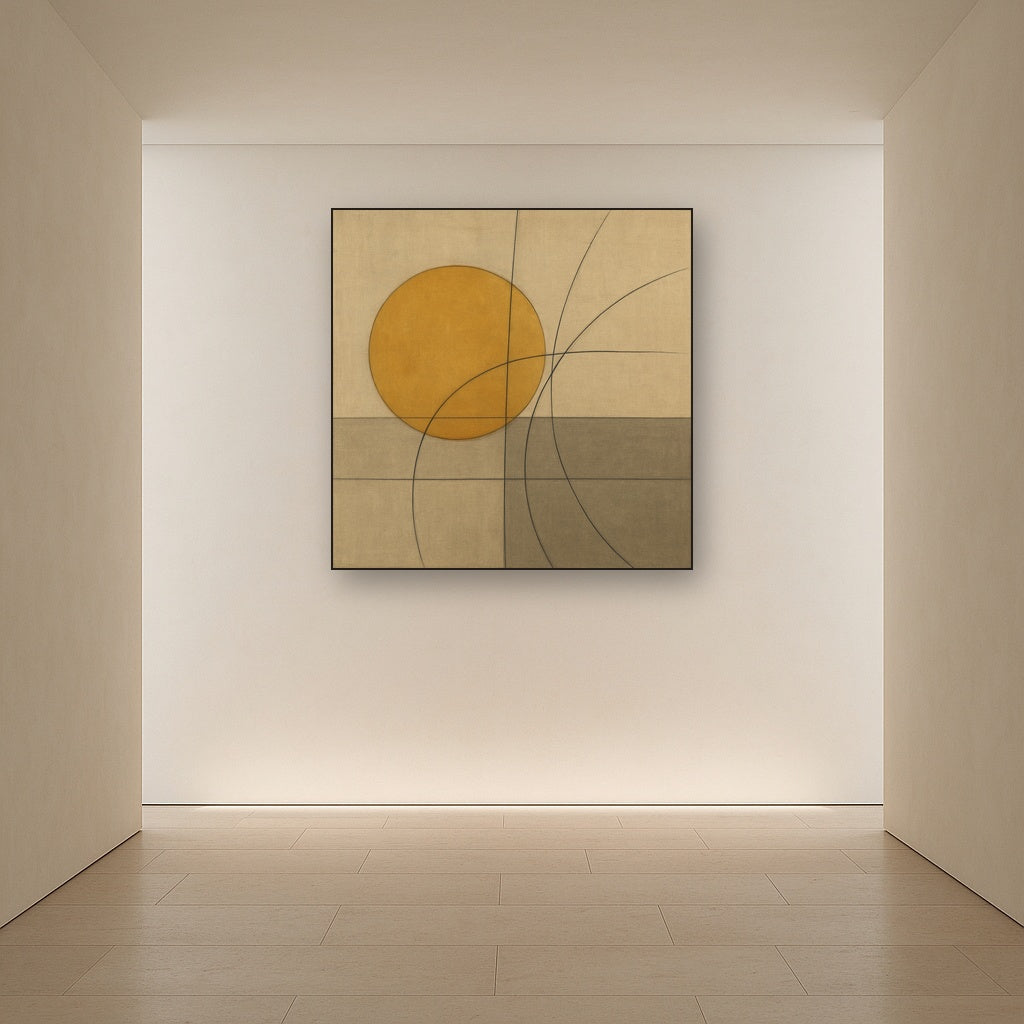 Abstract Tangent Lines & Earthy Ochre Disc No. 13 Oil Painting - View 5