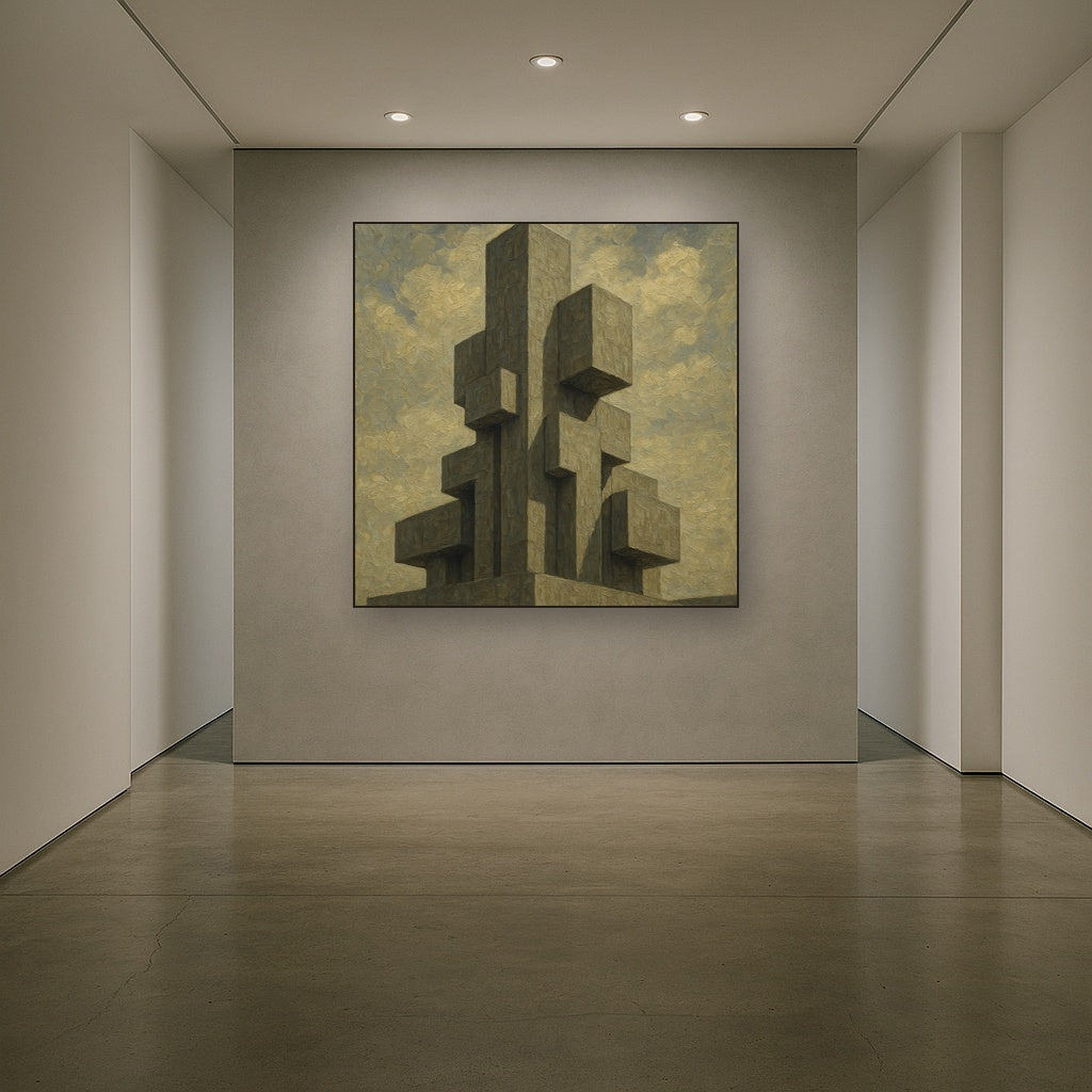 Brutalist Concrete Monolith & Sky No. 5 Oil Painting - Styled in Entryway Hallway