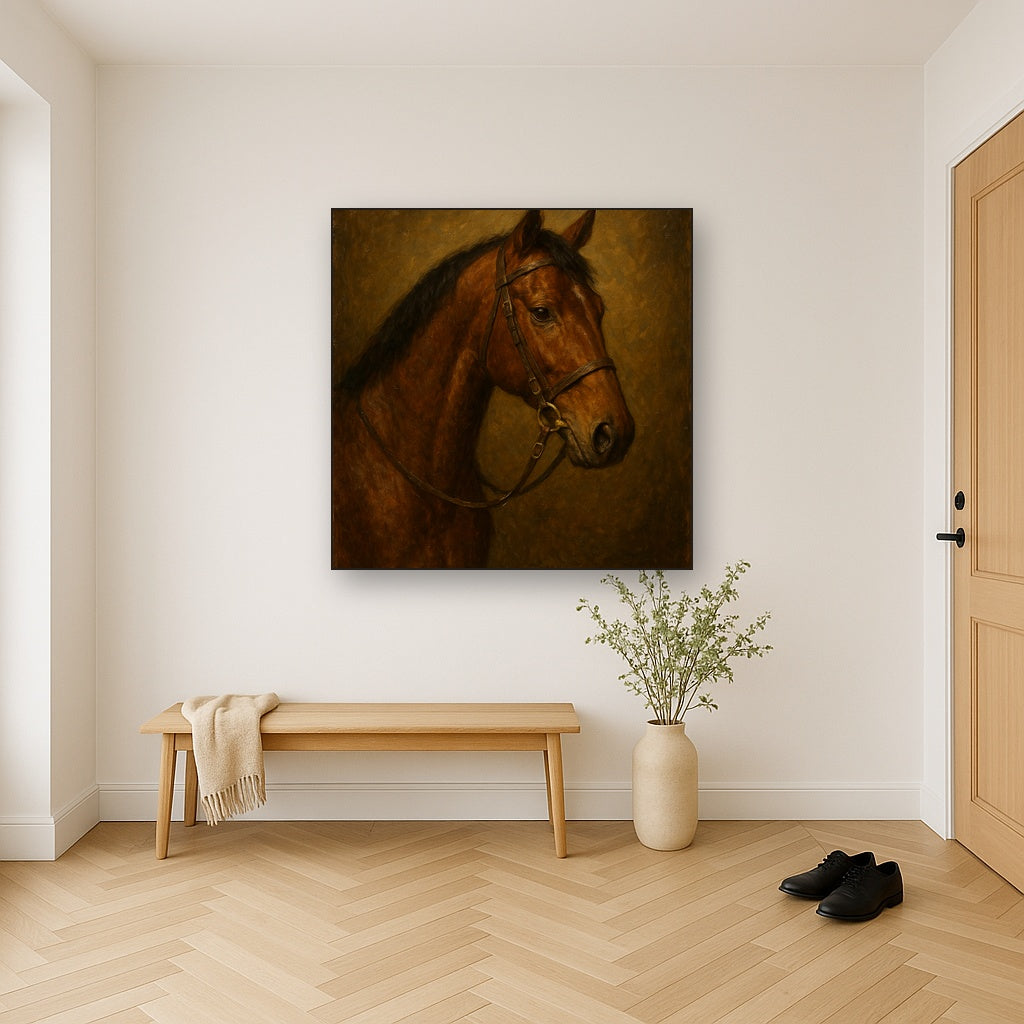 Vintage Equestrian Thoroughbred Portrait No. 4 Oil Painting - Styled in Entryway Hallway