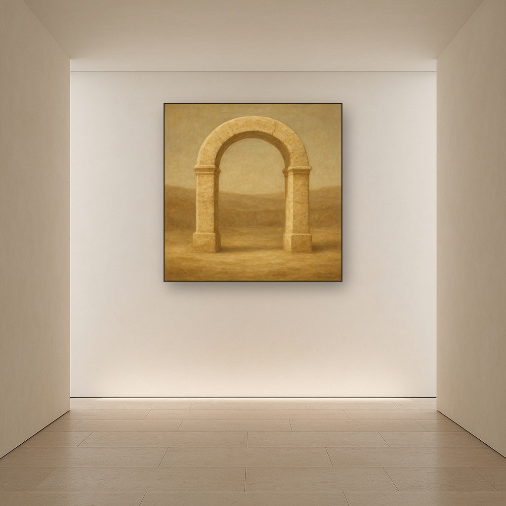 Travertine Stone Arch & Earth Tones No. 28 Oil Painting Staged in Bright Entryway and Hallway Gallery Wall, Hand Painted Fine Art on Linen