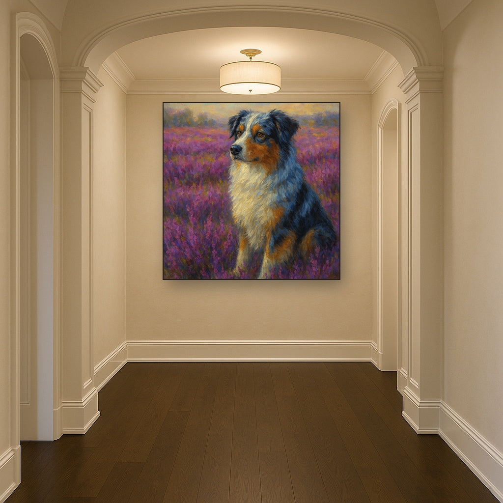 Australian Shepherd in Blooming Heather Field No. 9 Fine Art Oil Painting - View 5