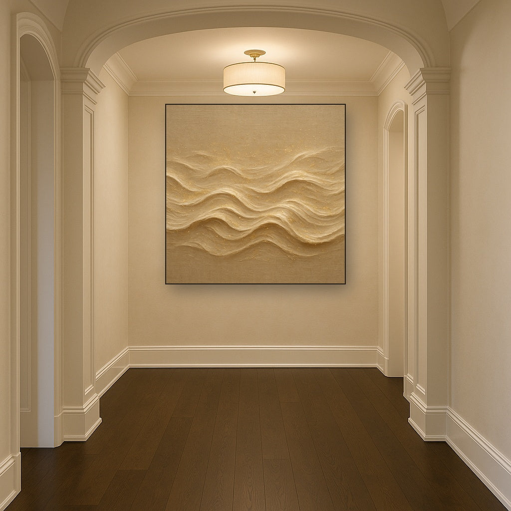 Champagne Wave & Gold Mist Luxury Oil Painting - Styled in Entryway Hallway
