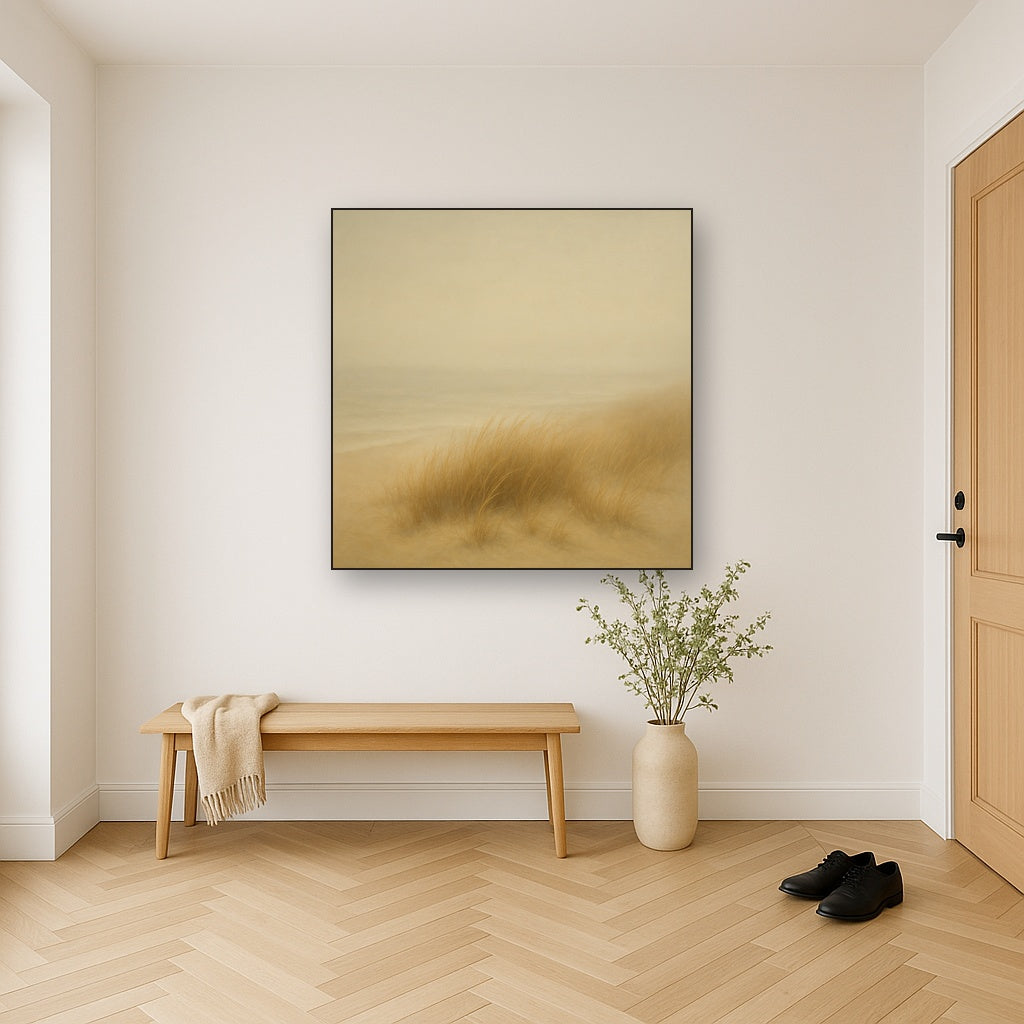 Silent Dune Grass in November Sea Fog No. 10 Oil Painting Staged in Bright Entryway and Hallway Gallery Wall, Hand Painted Fine Art on Linen