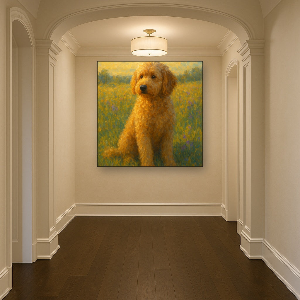 Fluffy Goldendoodle in Sun-Drenched Meadow No. 10 Fine Art Oil Painting - View 5