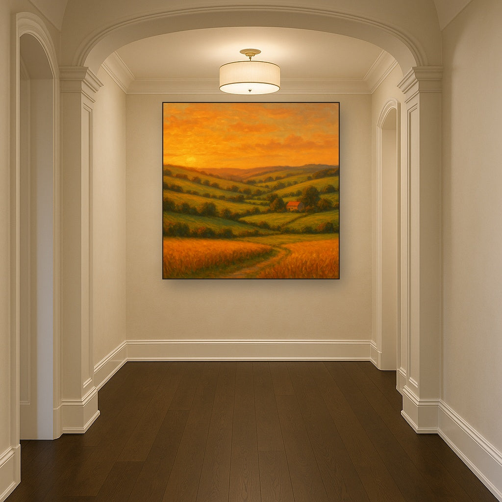 Rolling Pastoral Hills in Warm Golden Sunset Fine Art Oil Painting - View 5