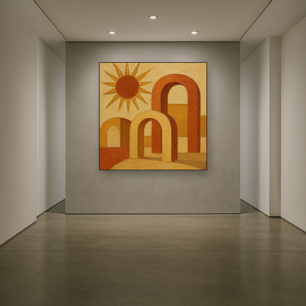 Mid-Century Terracotta Sun & Arches No. 5 Oil Painting - Styled in Entryway Hallway