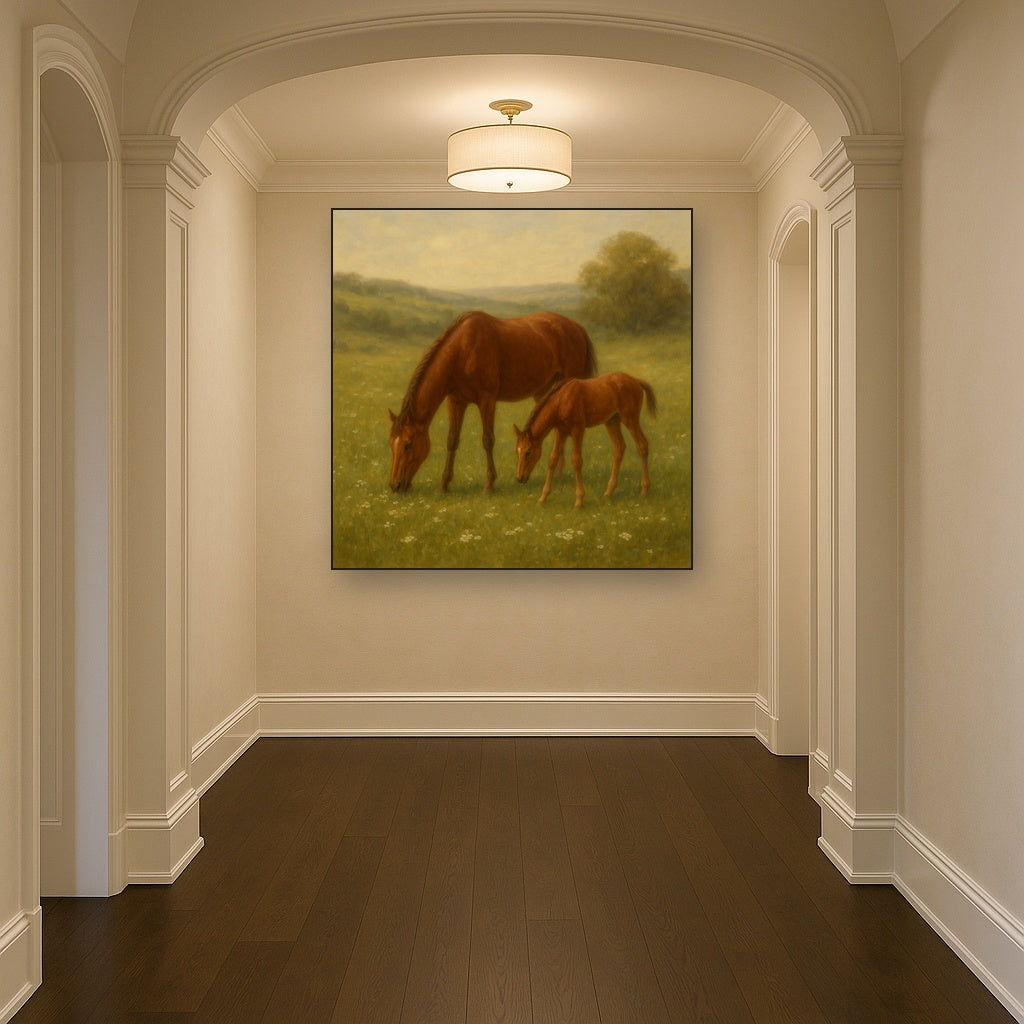 Mares & Foals Grazing in Rolling Meadow No. 14 Oil Painting - View 5