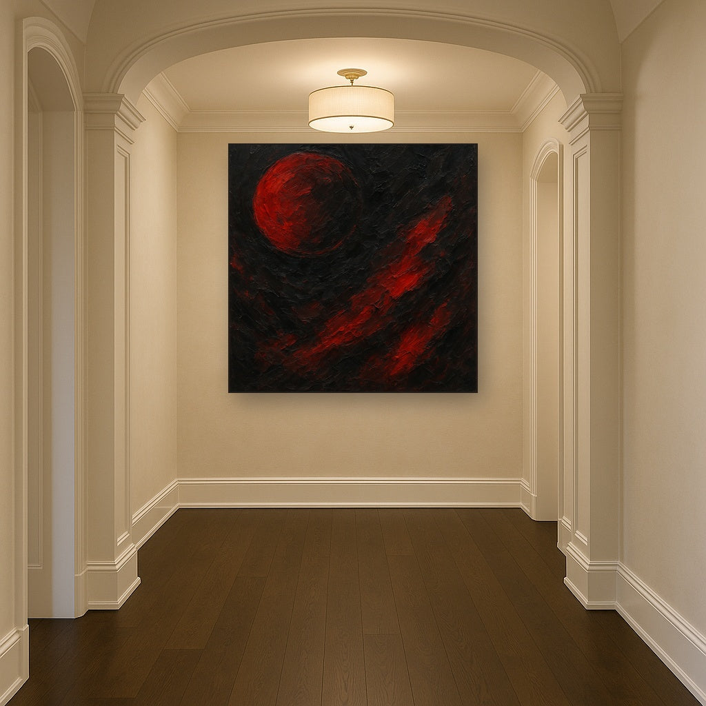 Midnight Onyx & Crimson Eclipse No. 4 Oil Painting - Styled in Entryway Hallway