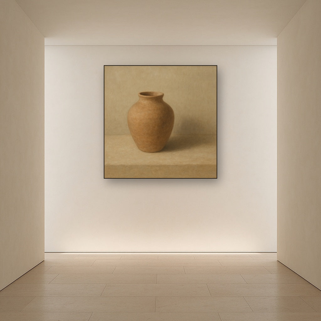 Organic Clay Vessel & Solitary Shadow Oil Painting Staged in Bright Entryway and Hallway Gallery Wall, Hand Painted Fine Art on Linen