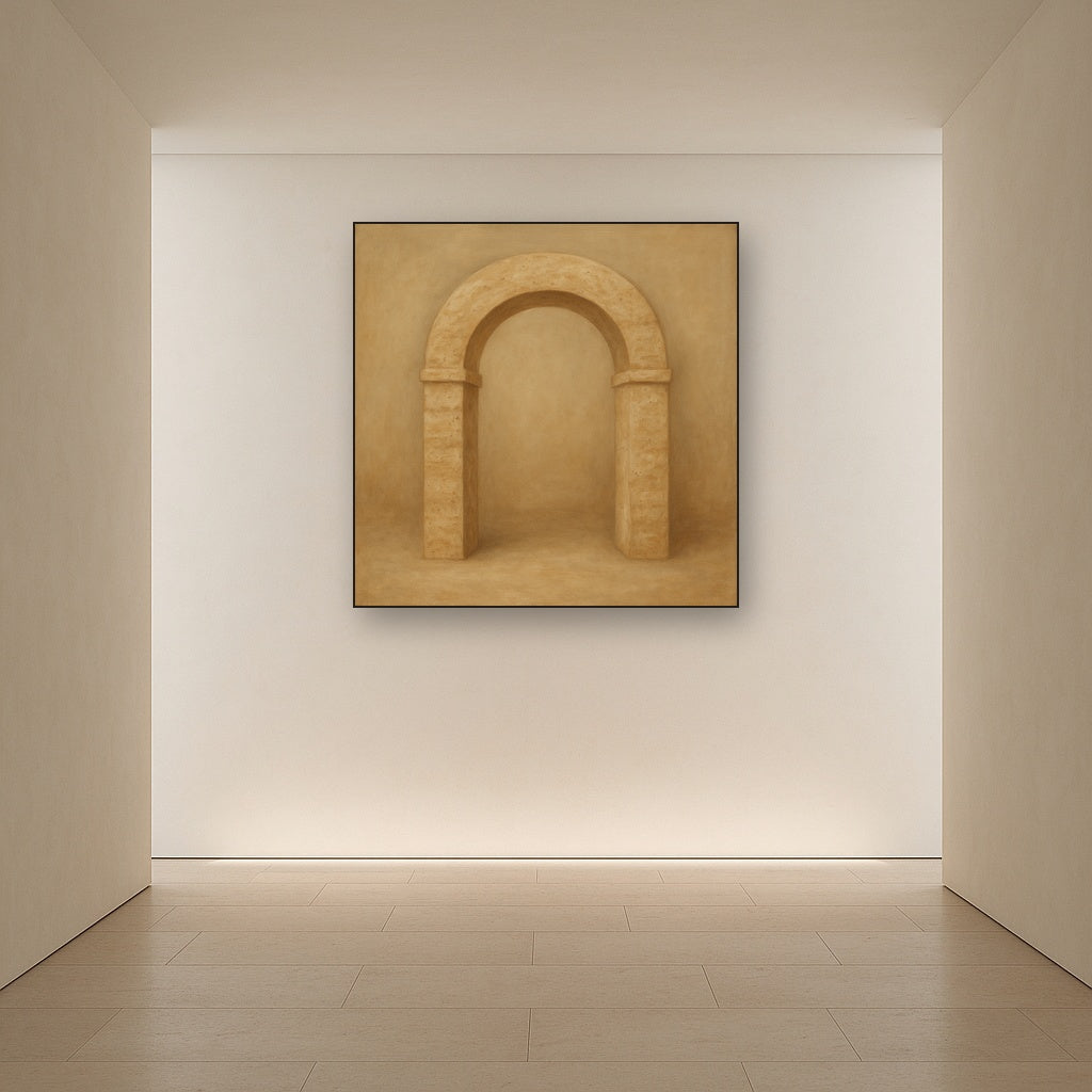 Travertine Stone Arch & Earth Tones No. 22 Oil Painting Staged in Bright Entryway and Hallway Gallery Wall, Hand Painted Fine Art on Linen