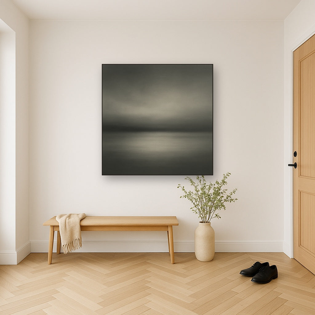 Monochrome Charcoal Drift & Soft Sfumato Horizon No. 5 Oil Painting Staged in Bright Entryway and Hallway Gallery Wall, Hand Painted Fine Art on Linen