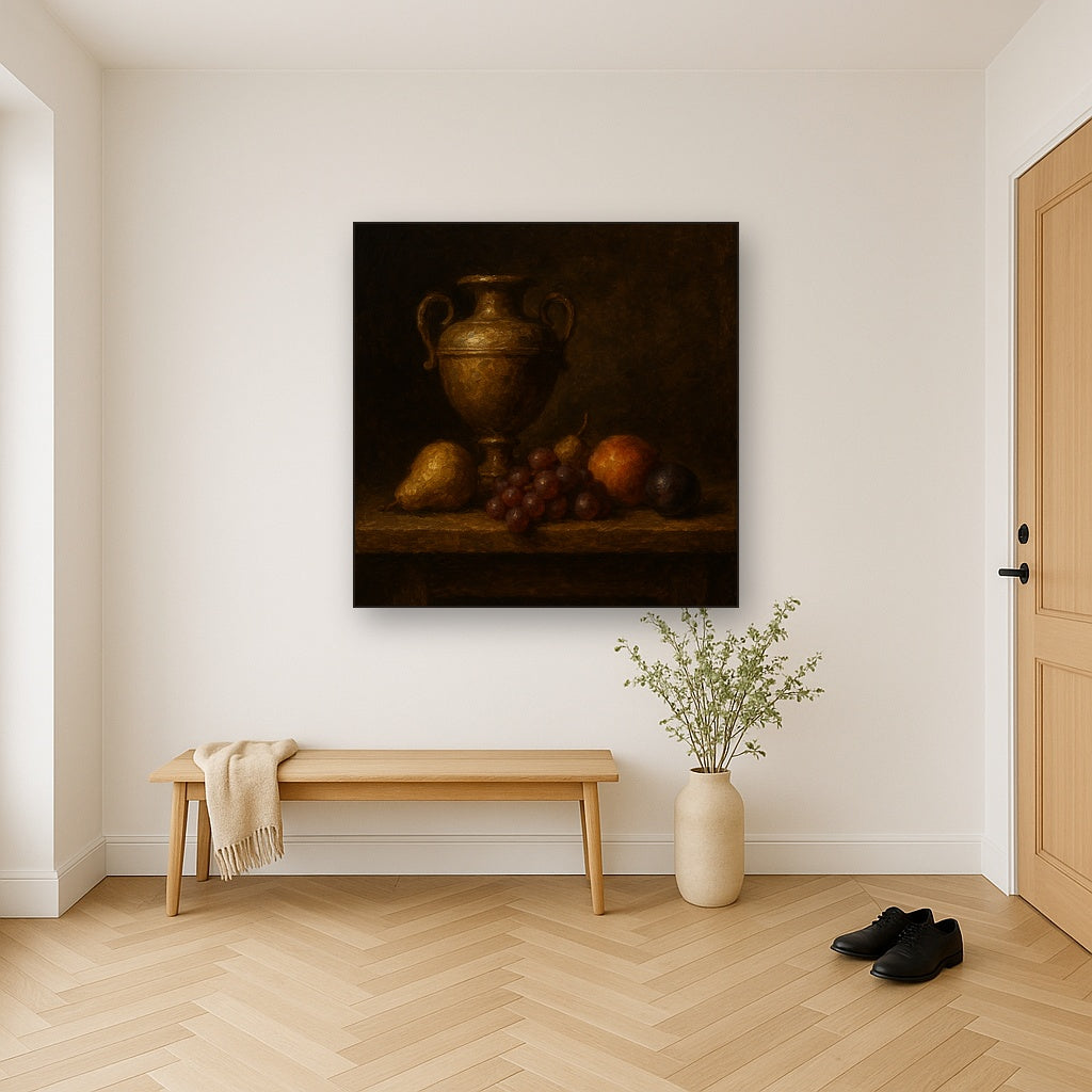 Classical Chiaroscuro Fruit & Urn Still Life Oil Painting - Styled in Entryway Hallway