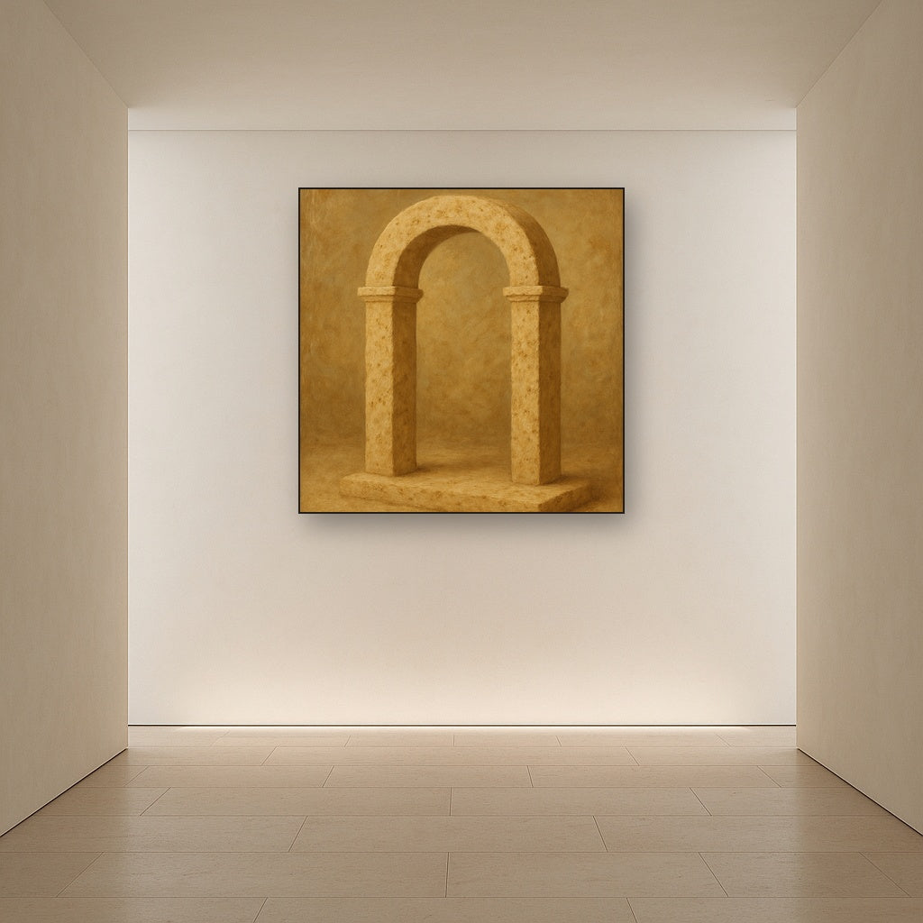 Travertine Stone Arch & Earth Tones No. 2 Oil Painting Staged in Bright Entryway and Hallway Gallery Wall, Hand Painted Fine Art on Linen