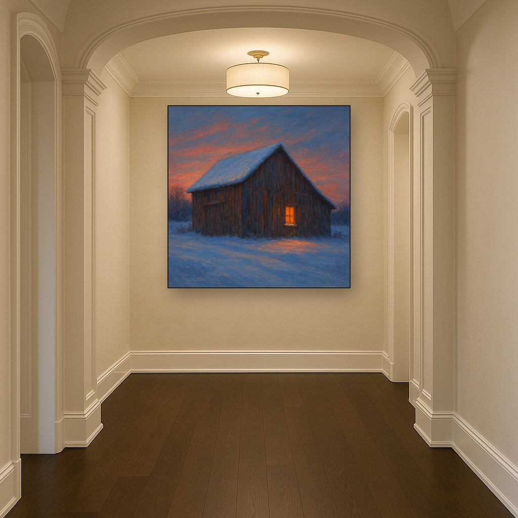 Rustic Wooden Barn in Quiet Winter Twilight No. 8 Fine Art Oil Painting - View 5