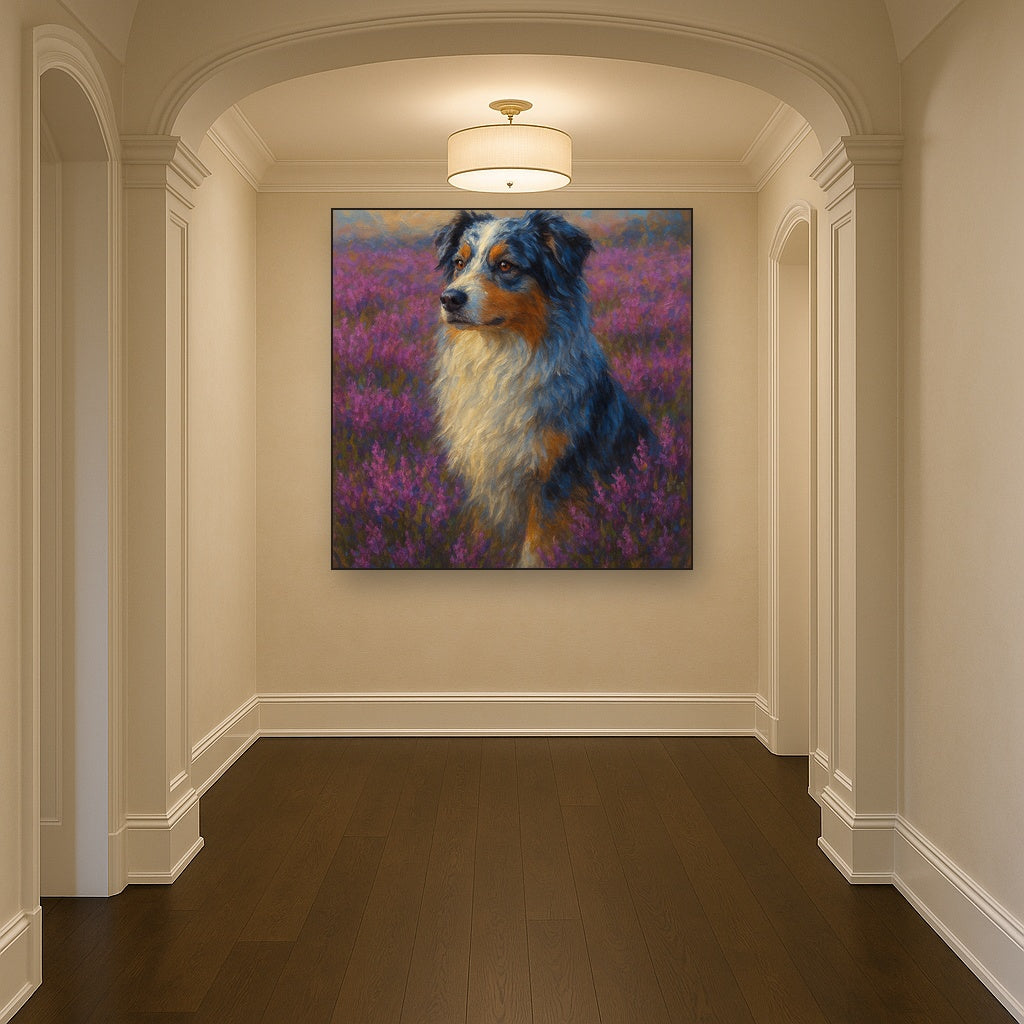 Australian Shepherd in Blooming Heather Field No. 13 Fine Art Oil Painting - View 5