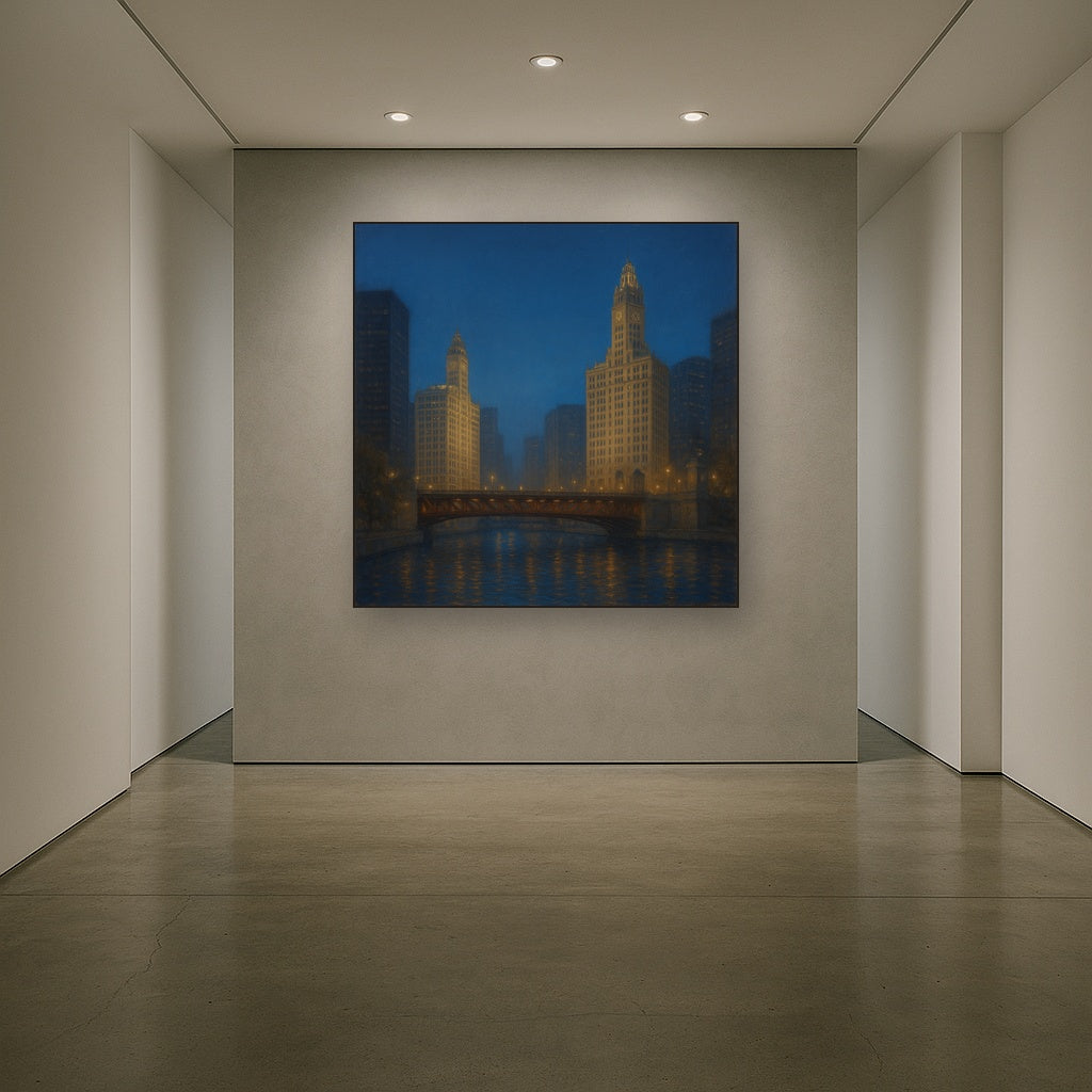 Chicago Riverfront Architecture at Blue Hour No. 16 Oil Painting - View 5