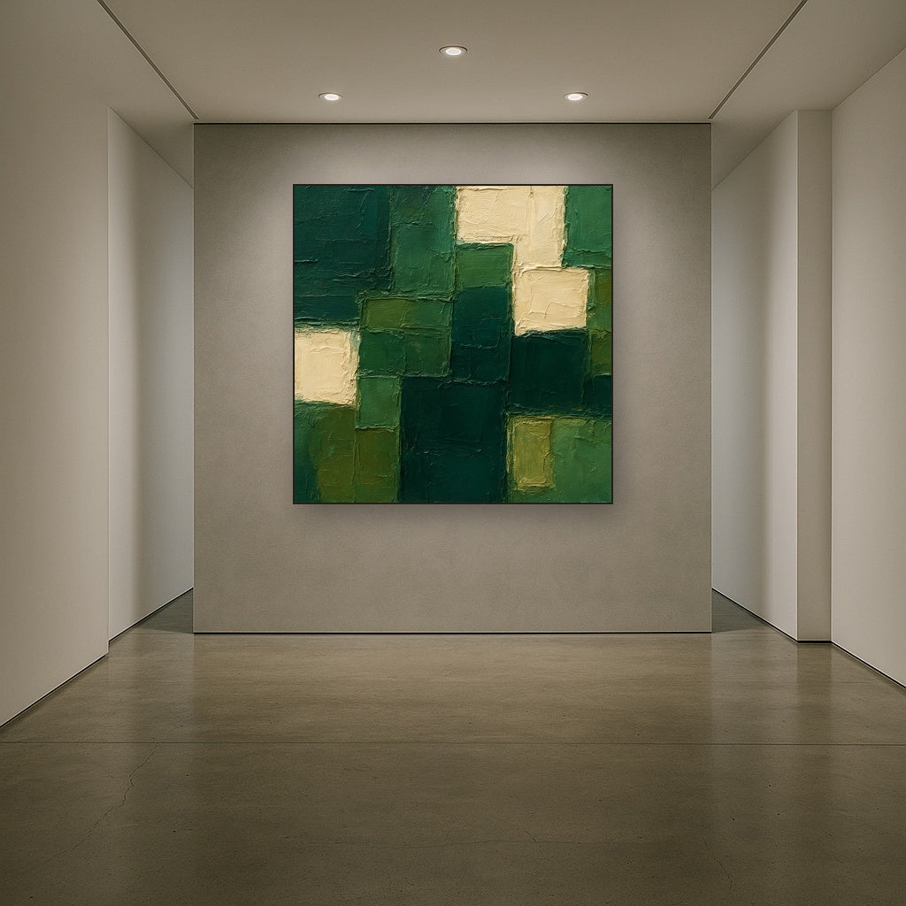 Emerald Resonance Modern Abstract Oil Painting - Styled in Entryway Hallway