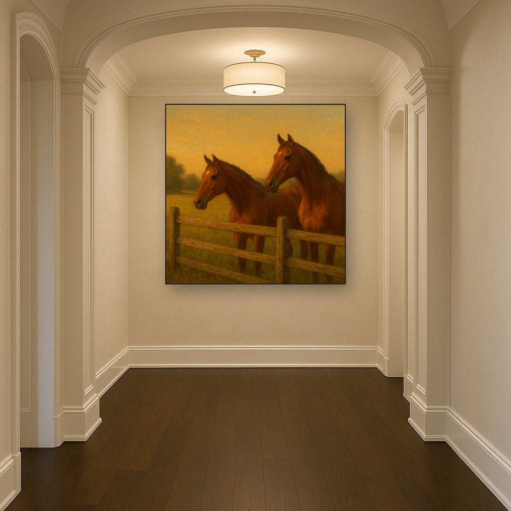 Two Horses at Rustic Post & Rail Fence No. 16 Oil Painting Staged in Bright Entryway and Hallway Gallery Wall, Hand Painted Fine Art on Linen