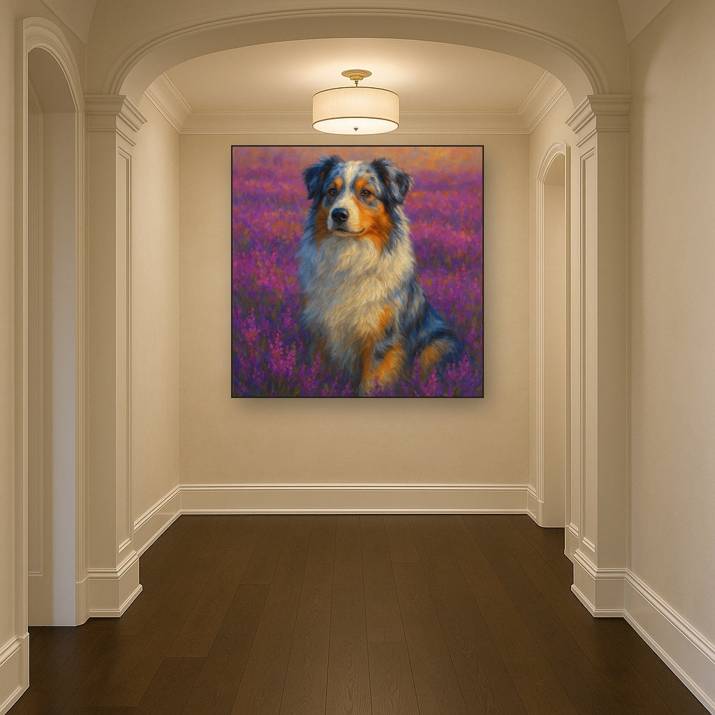 Australian Shepherd in Blooming Heather Field No. 12 Fine Art Oil Painting - View 5