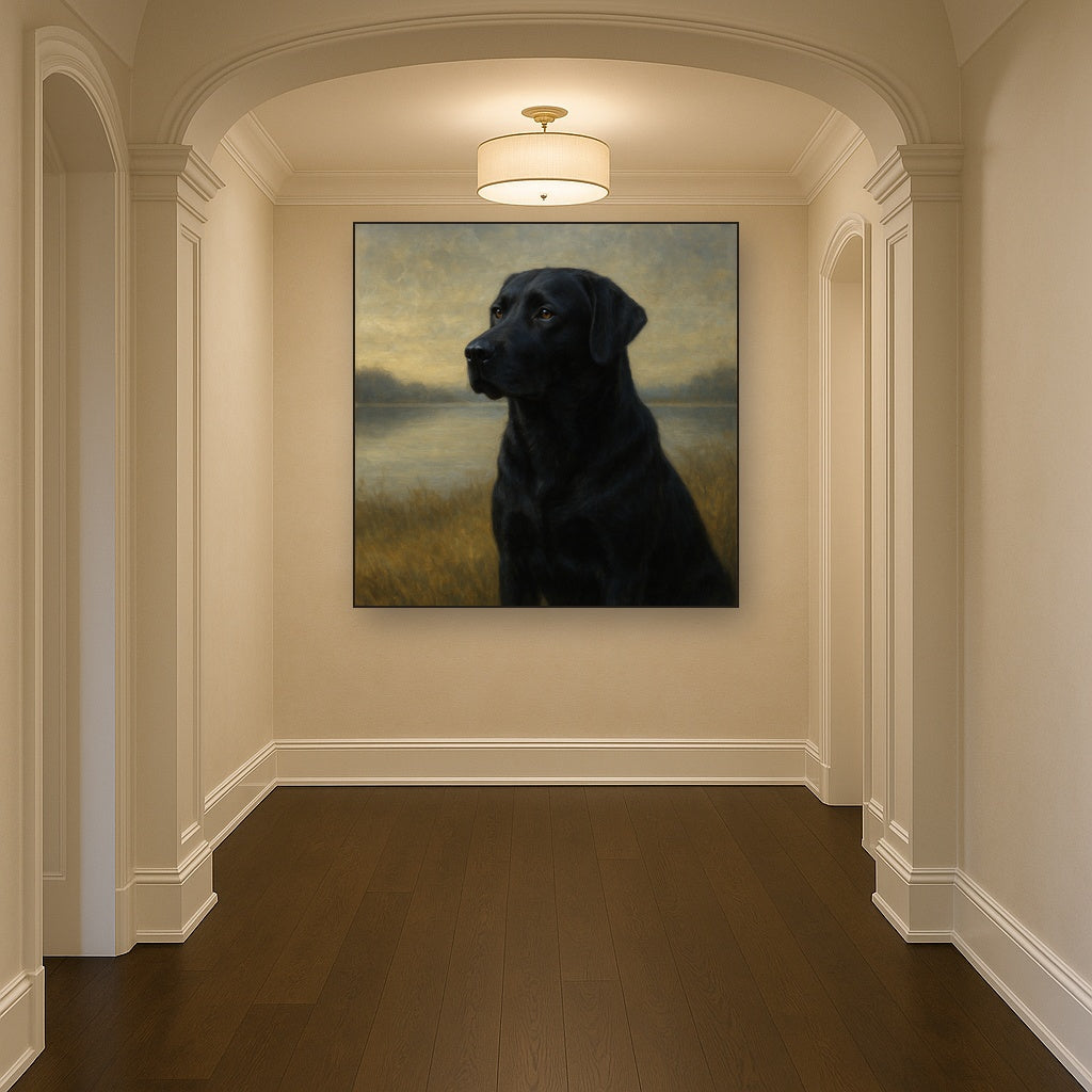 Black Labrador Retriever by Misty Lake Horizon Fine Art Oil Painting - View 5