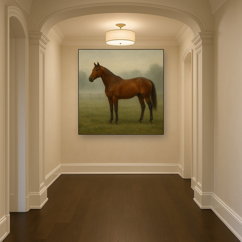 Thoroughbred in Morning Pasture Mist No. 12 Oil Painting - View 5