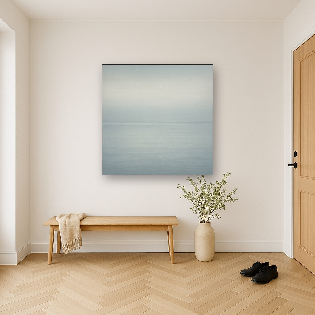 Glass Horizon over Quiet Arctic Waters No. 22 Oil Painting Staged Above Master Bed in Bedroom, Calming Neutral Hand Painted Oil Art
