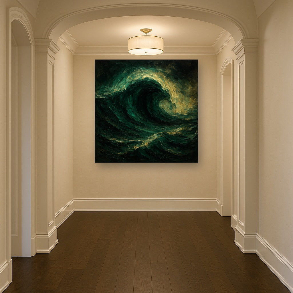 Deep Emerald & Obsidian Swell No. 5 Oil Painting - Styled in Entryway Hallway