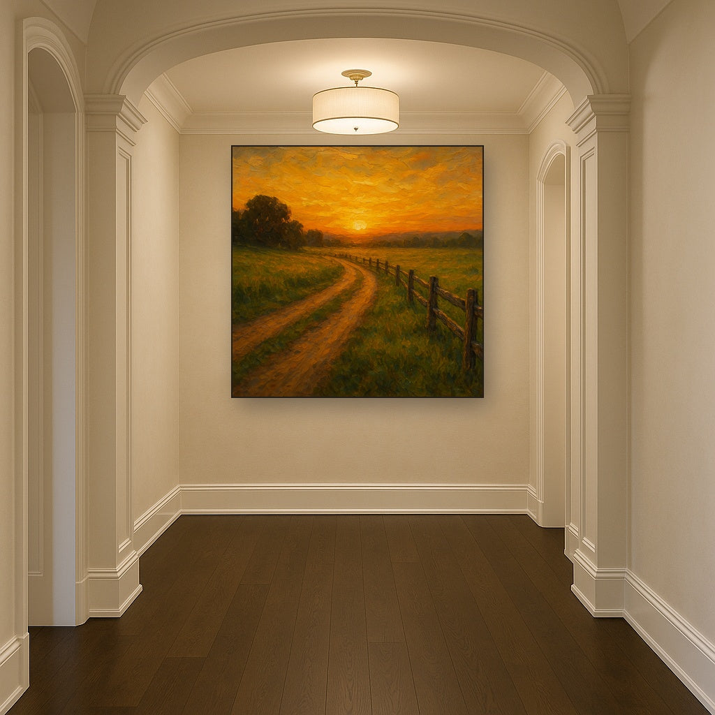 Golden Hour Country Lane & Fence No. 2 Oil Painting - Styled in Entryway Hallway
