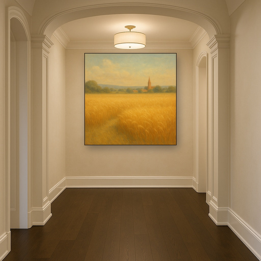Sun-Drenched Wheatfield & Distant Village No. 8 Oil Painting Staged in Bright Entryway and Hallway Gallery Wall, Hand Painted Fine Art on Linen