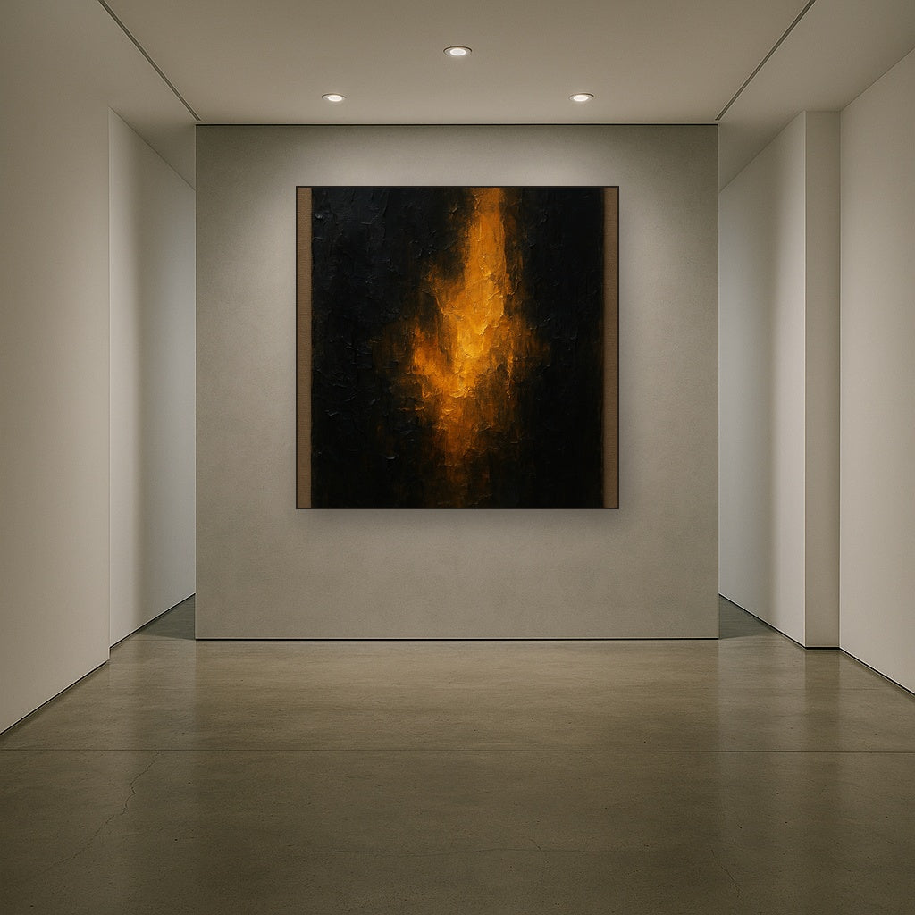Amber & Obsidian Modern Abstract Oil Painting - Styled in Entryway Hallway