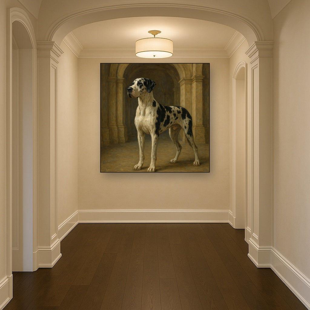 Regal Great Dane in Grand Architectural Hall Fine Art Oil Painting - View 5