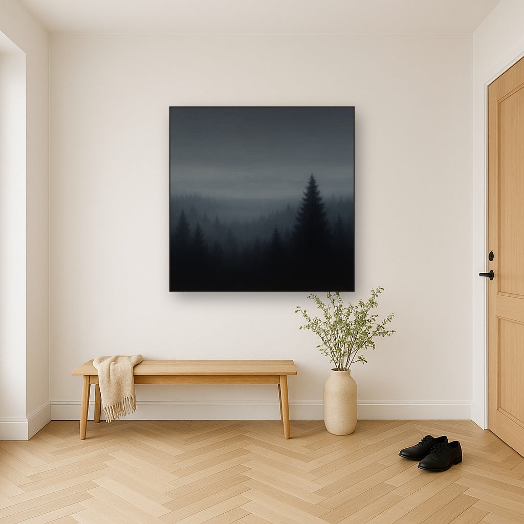 Dusk over Silent Pine Ridgeline in Charcoal Fog No. 3 Oil Painting Staged in Bright Entryway and Hallway Gallery Wall, Hand Painted Fine Art on Linen