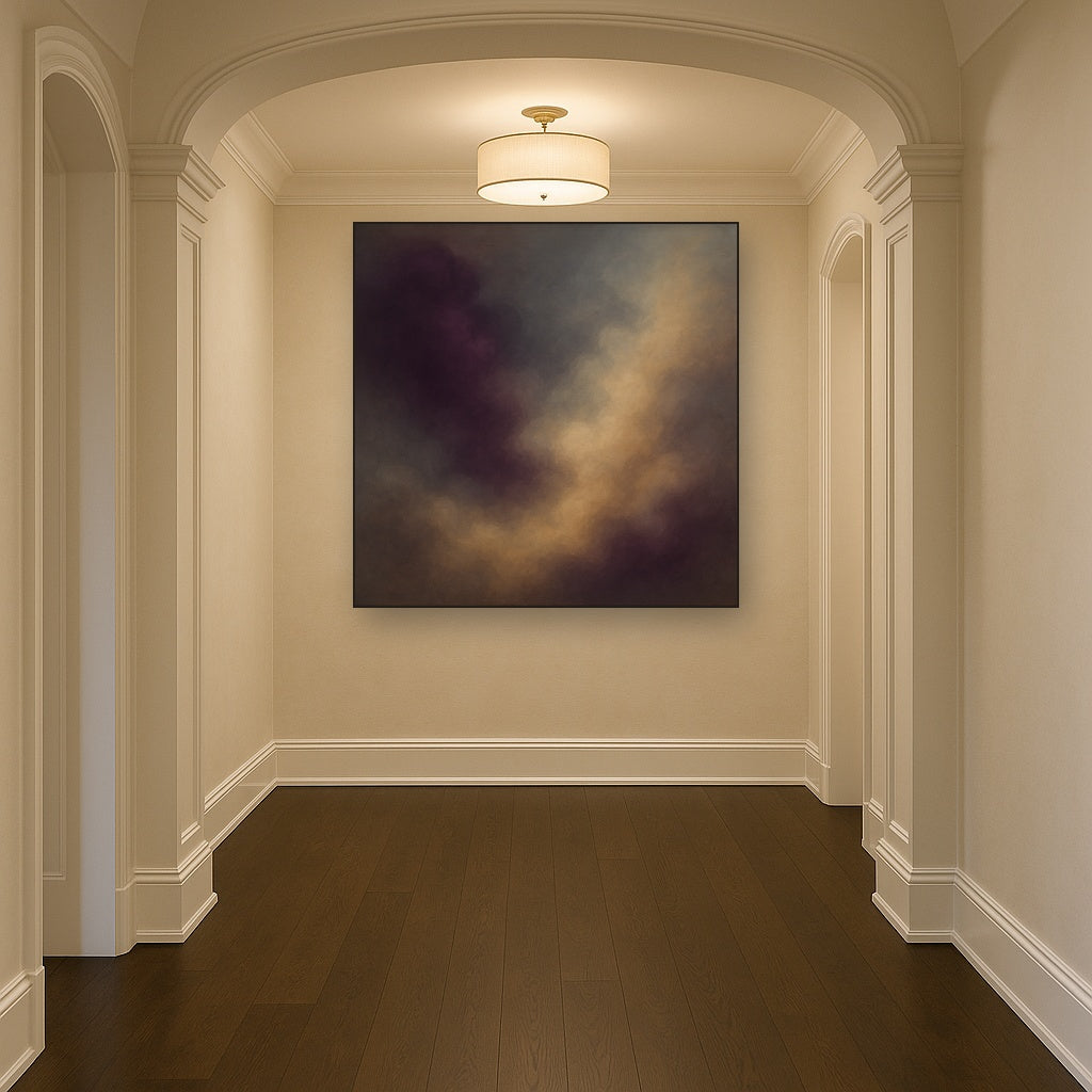 Gilded Plum & Soft Smoke Cloud Harmony No. 13 Oil Painting Staged in Bright Entryway and Hallway Gallery Wall, Hand Painted Fine Art on Linen