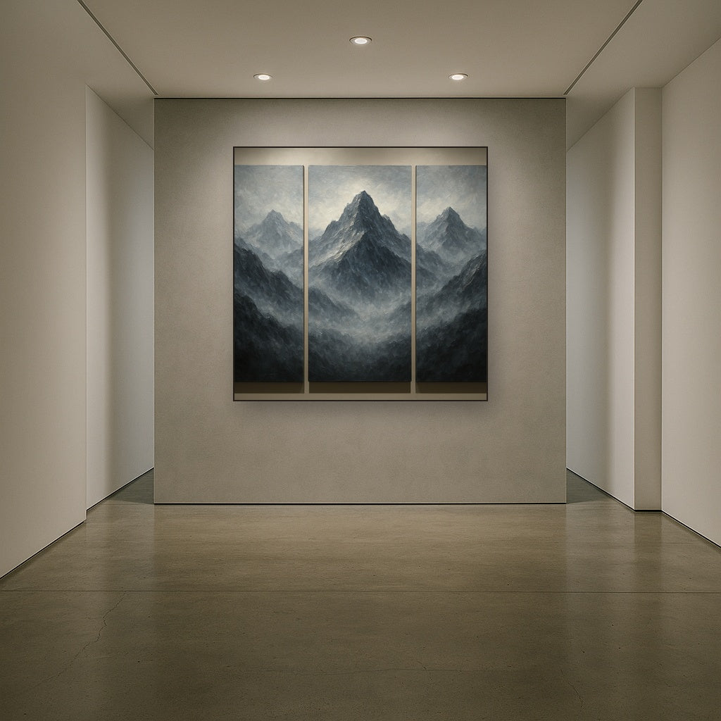 Alpine Mist Triptych Masterpiece No. 2 Oil Painting - Styled in Entryway Hallway