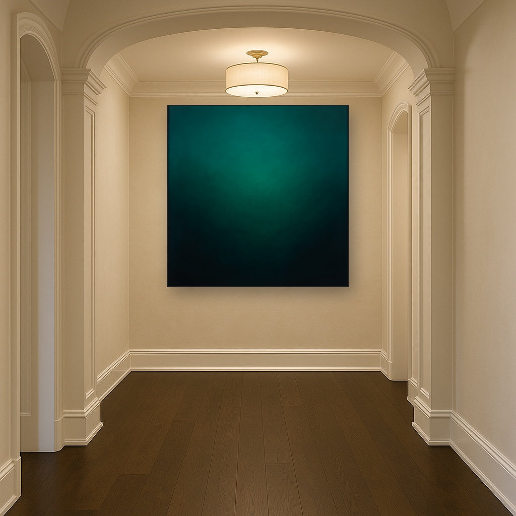 Midnight Teal & Deep Malachite Gradient No. 14 Oil Painting Staged in Bright Entryway and Hallway Gallery Wall, Hand Painted Fine Art on Linen