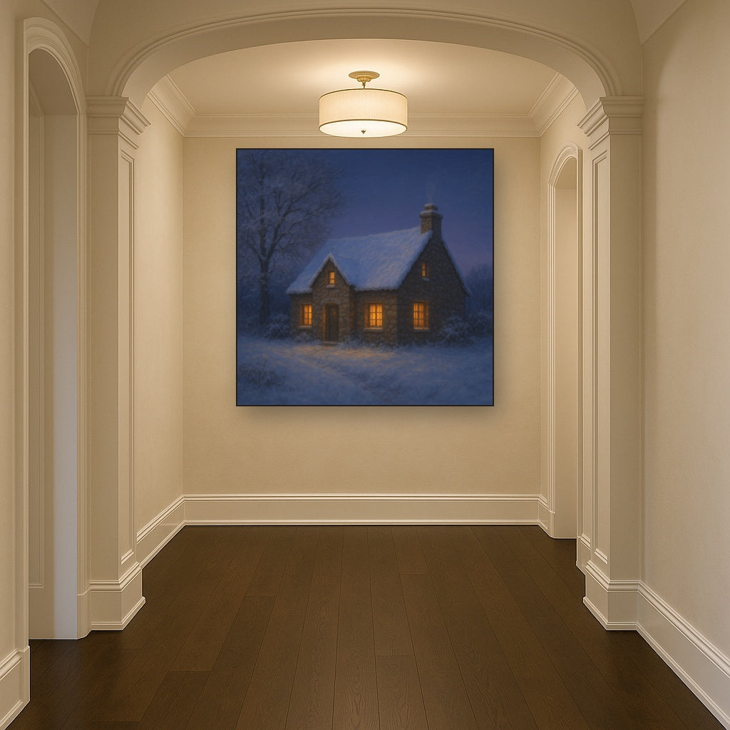 Snow-Dusted Stone Cottage at Twilight No. 5 Oil Painting - View 5