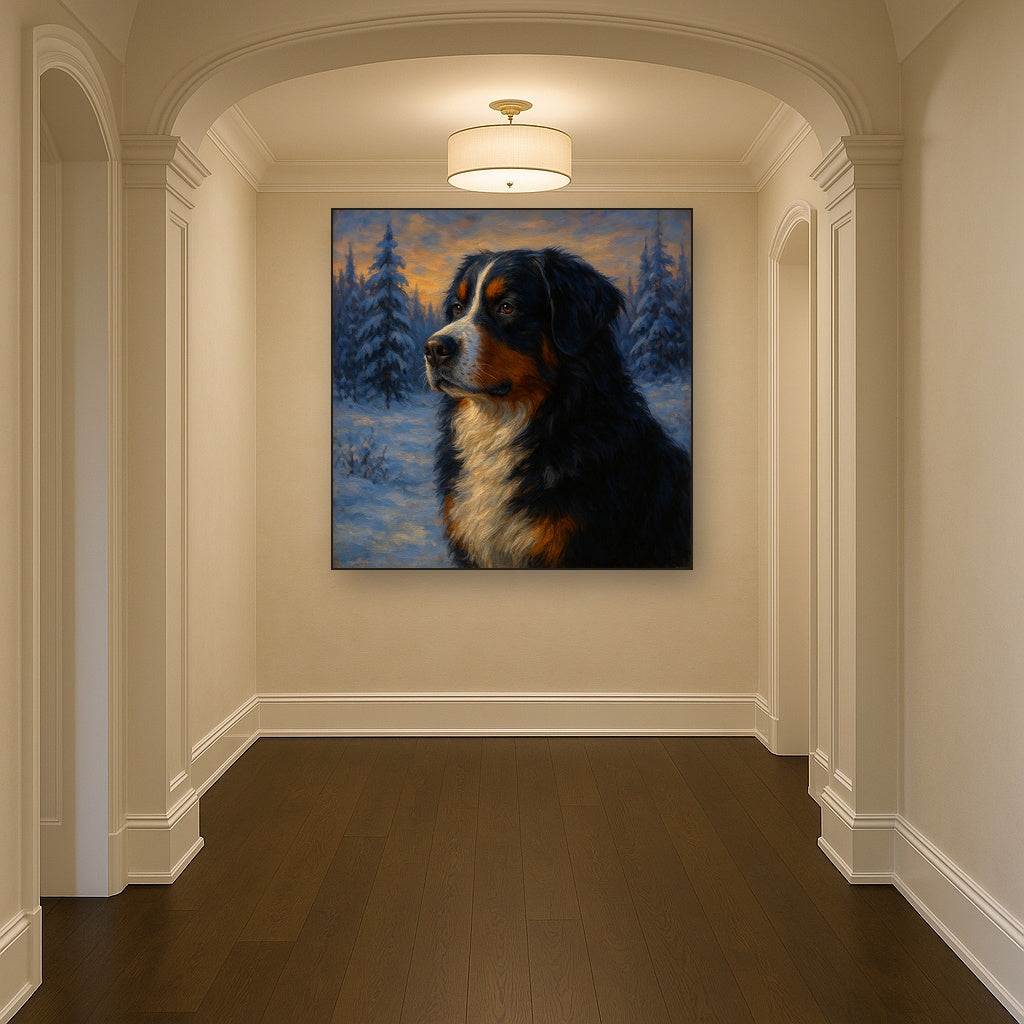 Bernese Mountain Dog in Winter Snowscape No. 3 Fine Art Oil Painting - View 5