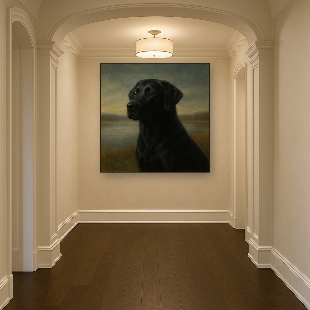 Black Labrador Retriever by Misty Lake Horizon No. 7 Fine Art Oil Painting - View 5