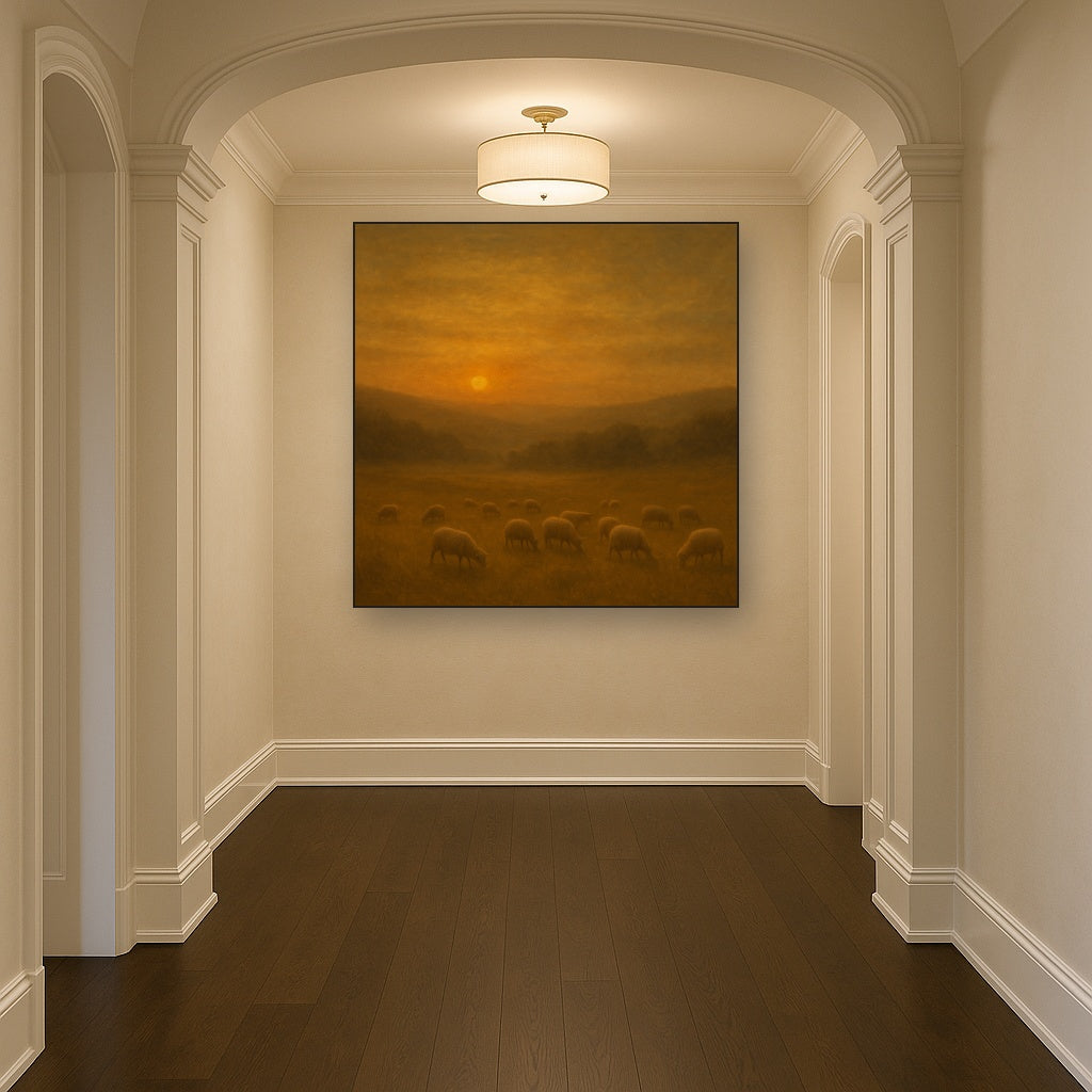 Sunset Grazing Flock in Golden Valley No. 10 Oil Painting Staged in Bright Entryway and Hallway Gallery Wall, Hand Painted Fine Art on Linen