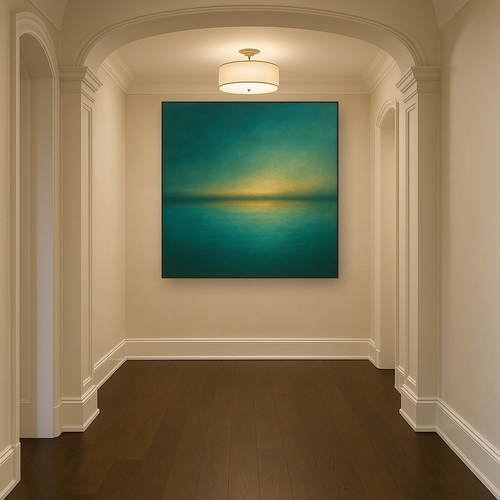 Peacock Teal & Champagne Gold Horizon No. 14 Oil Painting Staged in Bright Entryway and Hallway Gallery Wall, Hand Painted Fine Art on Linen