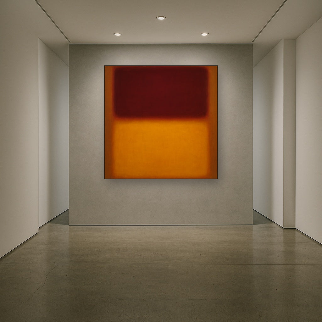 Crimson Burgundy & Saffron Gold Color Vibrations No. 16 Oil Painting Staged in Bright Entryway and Hallway Gallery Wall, Hand Painted Fine Art on Linen