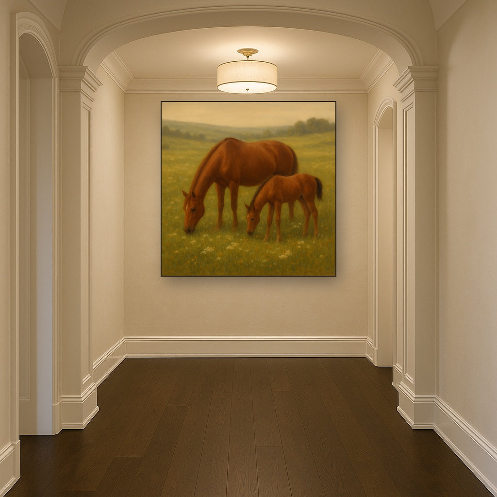 Mares & Foals Grazing in Rolling Meadow No. 16 Oil Painting - View 5